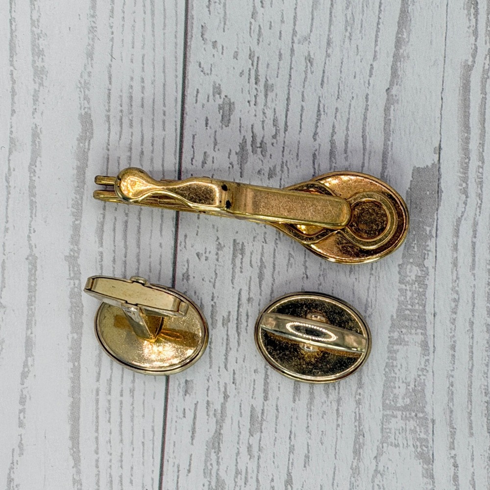 Vintage Foster Gold Tone Black Onyx Rhinestone Tie Clip and Cufflinks Set Mens - Picture 2 of 6